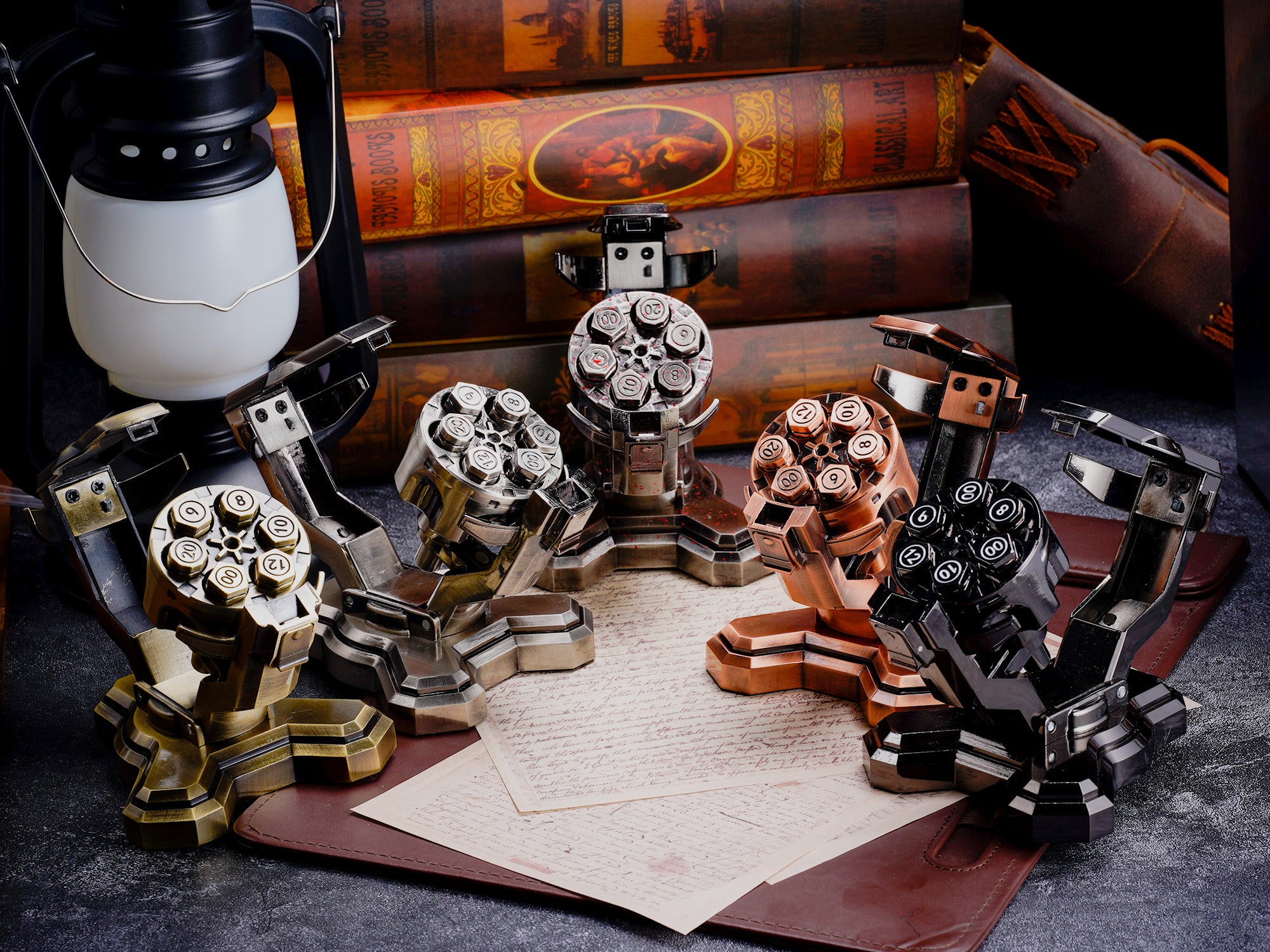 Open revolver cylinders displaying bullet dice