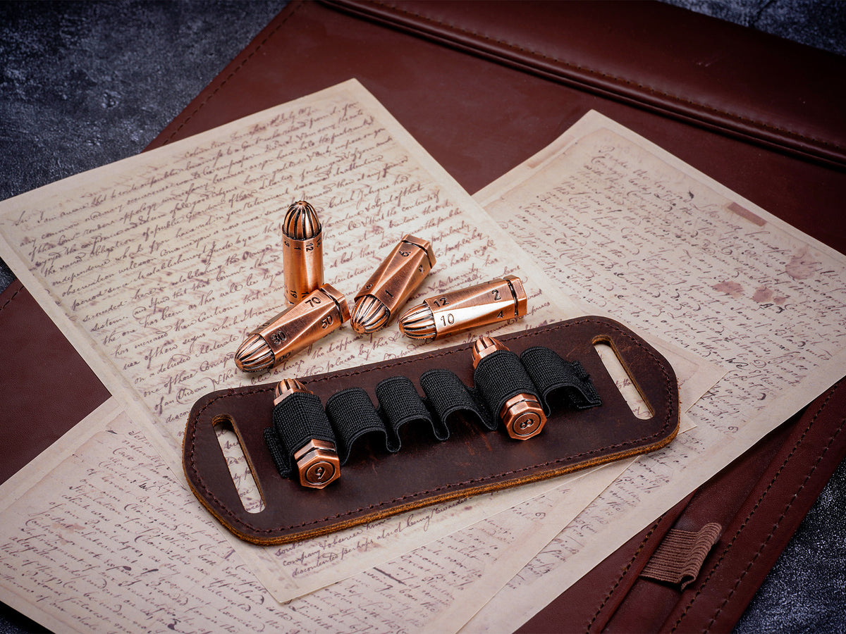 Metal bullet dice with leather bandolier