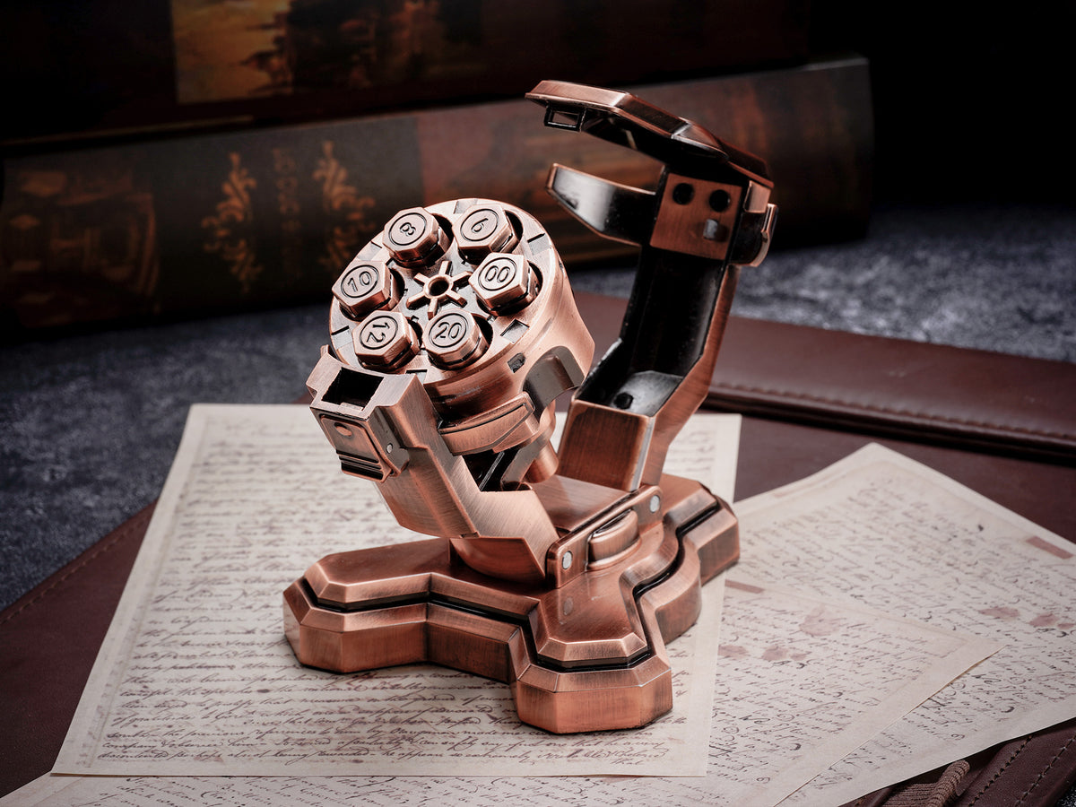 Copper revolver cylinder open with metal bullet dice