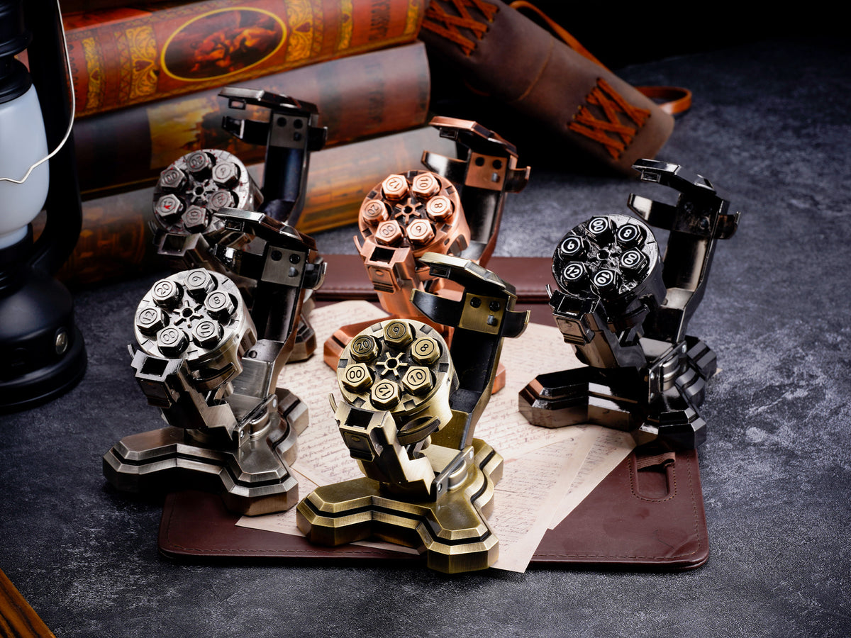 Open revolver cylinder dice holders in multiple finishes